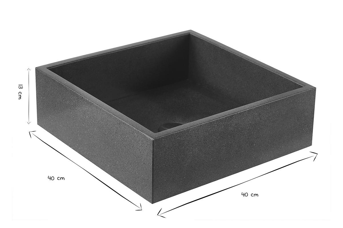 Lavabo quadrato in terrazzo nero visto in prospettiva con dimensioni L40 x P40 x H13 cm in bianco e nero.