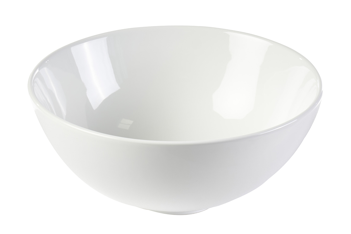 Lavabo rotondo in ceramica bianca, vista frontale, diametro 32 cm, finitura lucida.