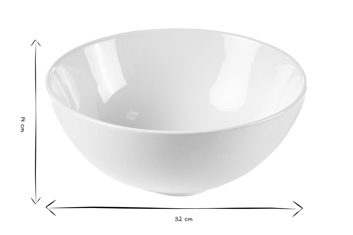 Lavabo rotondo in ceramica bianca visto frontalmente con dimensioni D32 cm H14 cm in bianco e nero.