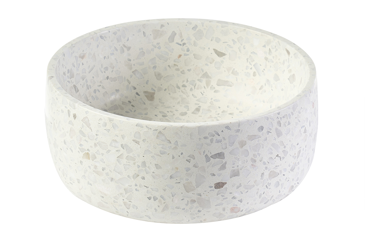 Lavabo rotondo in terrazzo grigio da 30 cm, vista frontale, con frammenti di marmo incastonati.