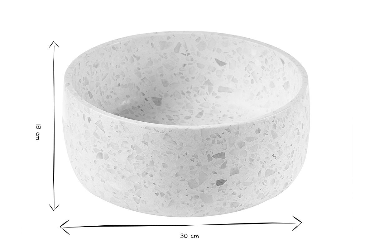 Dimensioni del lavabo rotondo in terrazzo grigio, D30 cm, H13 cm in bianco e nero.