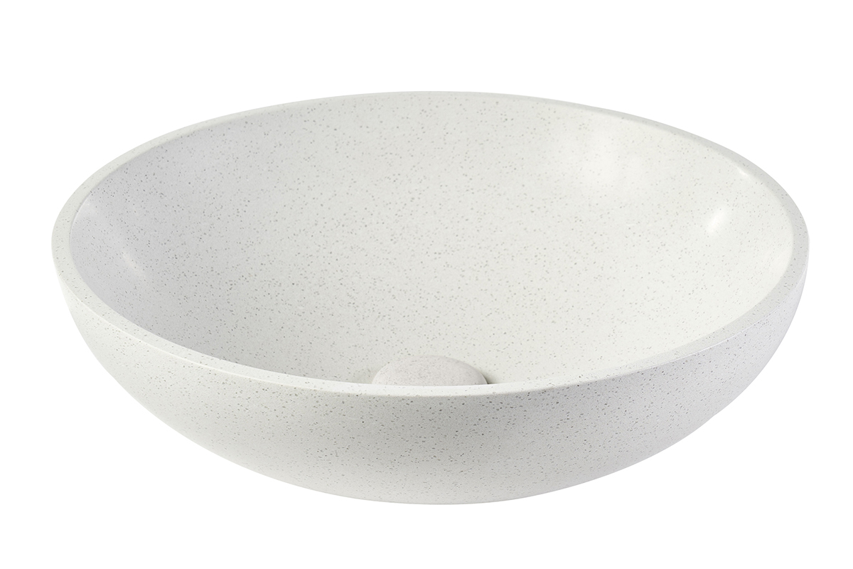Lavabo rotondo in terrazzo grigio, diametro 40 cm, vista frontale, stile pulito e moderno.