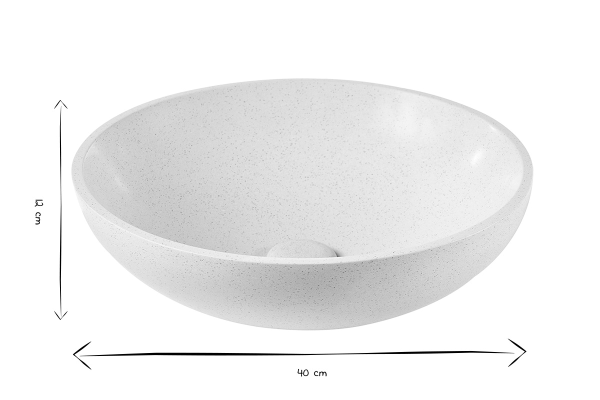 Lavabo rotondo in terrazzo grigio LAORA, dimensioni 40 cm di diametro e 12 cm di altezza, in bianco e nero.