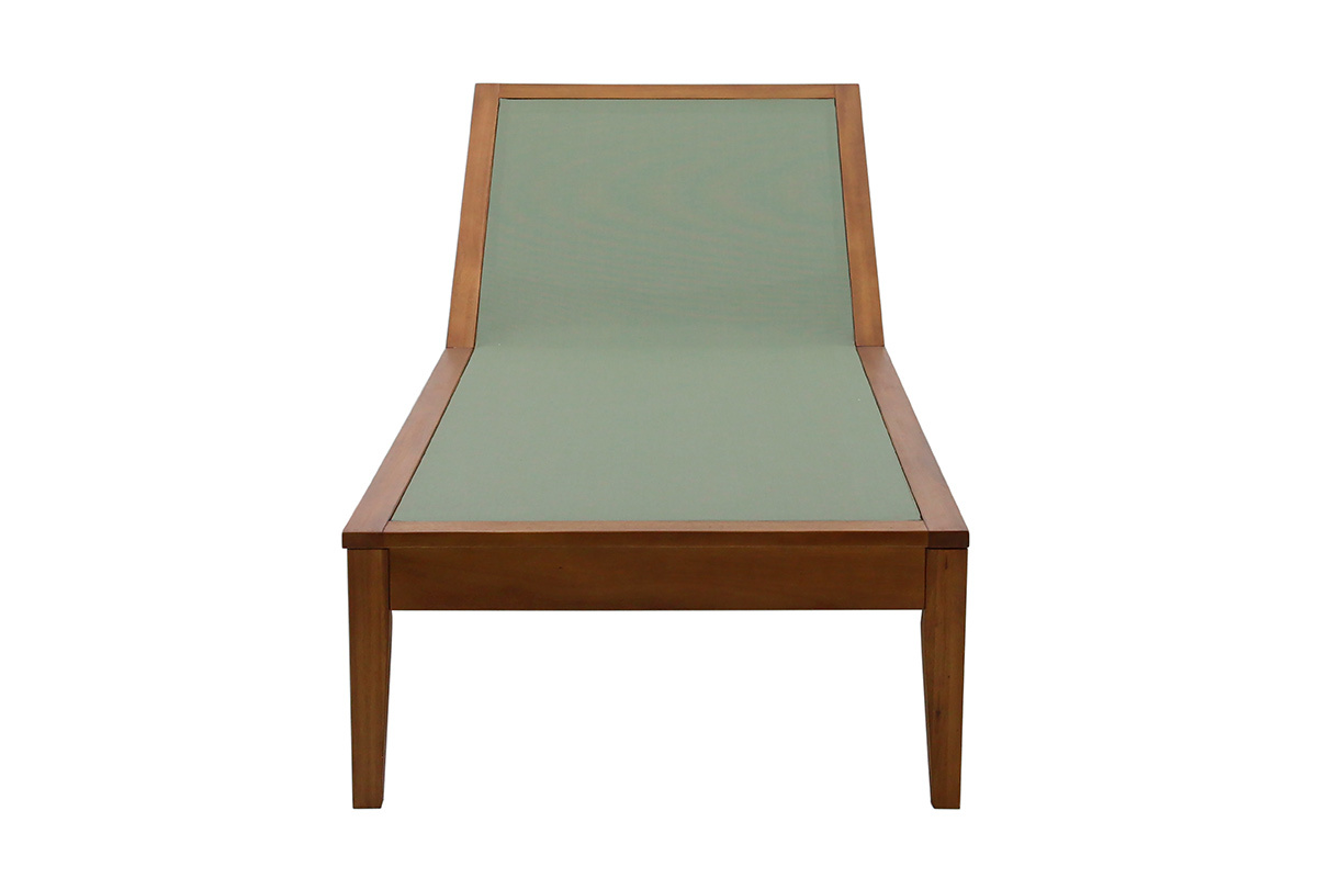 Letto da sole verde cachi in legno massiccio, vista frontale.