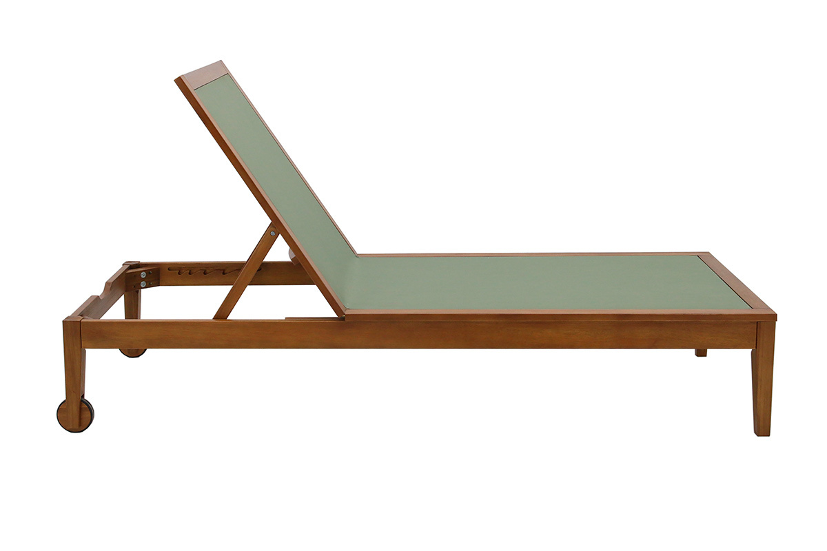 Lettino in legno massiccio e tela cachi, vista laterale, schienale inclinato.