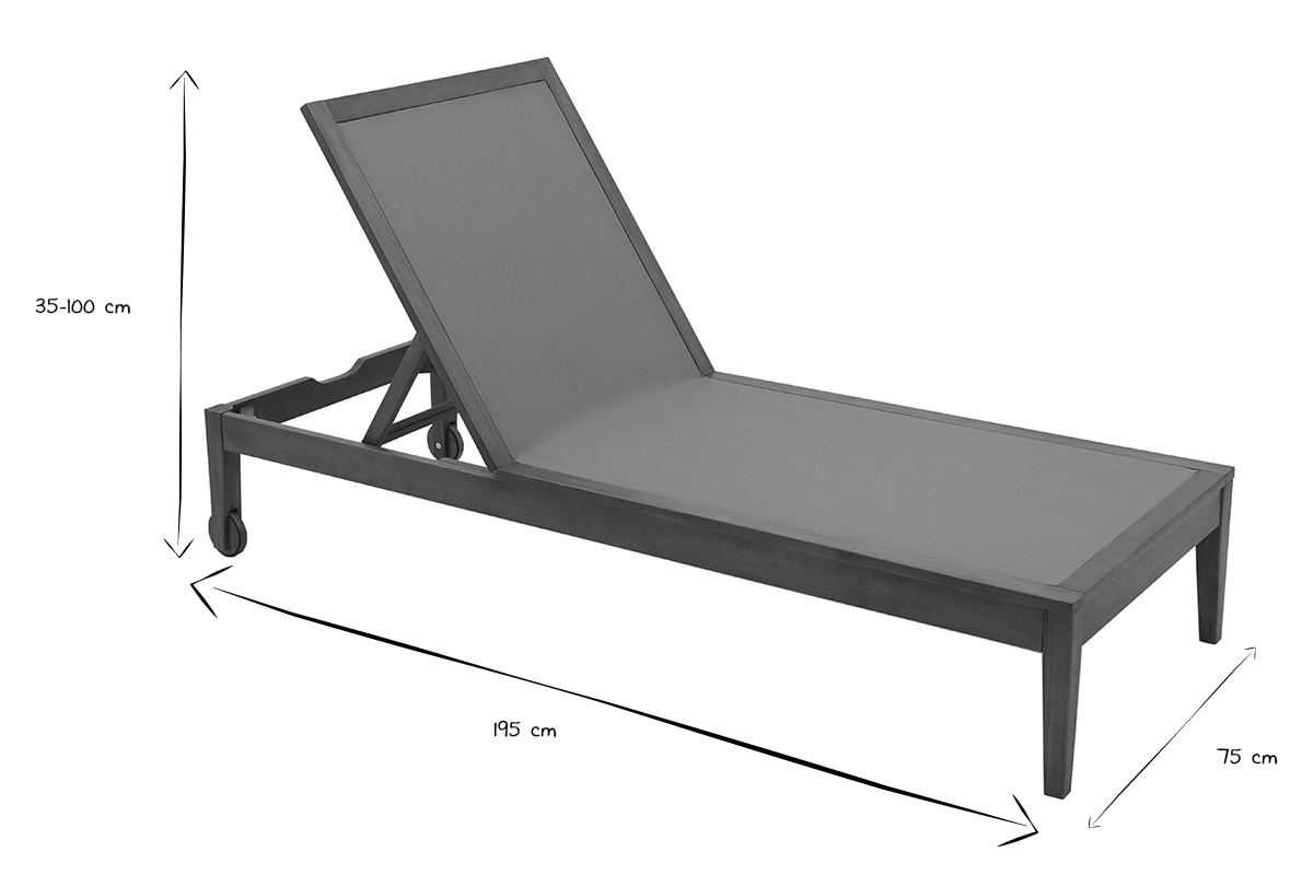 Dimensioni del lettino prendisole NAVEEN in nero e bianco: L195 x P75 x H35-100 cm.