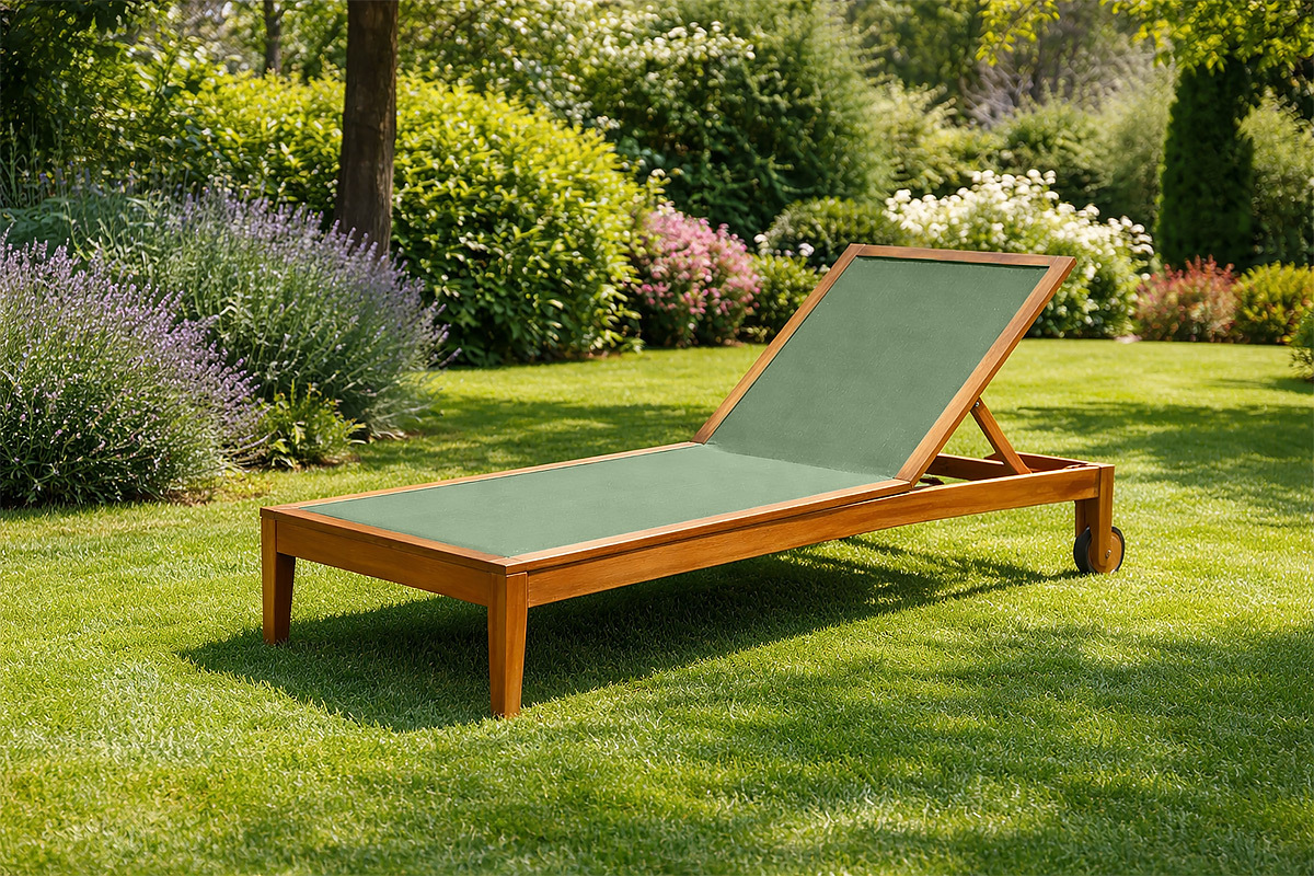 Lettino da sole verde kaki e legno massiccio NAVEEN