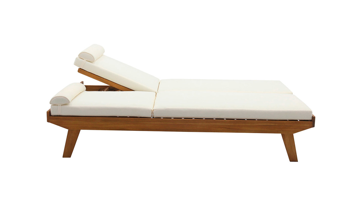 Lettino prendisole doppio con schienali multiposizione bianco e legno massello L127 cm CARACAS