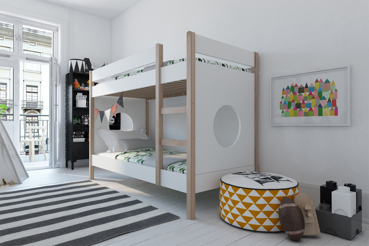 Letto a castello bambino con pannelli amovibili legno chiaro e bianco ALTO