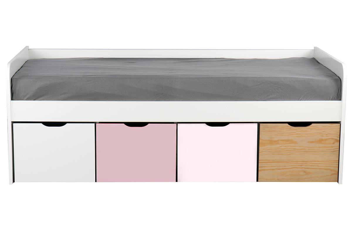 Letto bambino con 4 cassetti legno, bianco e rosa MOLENE