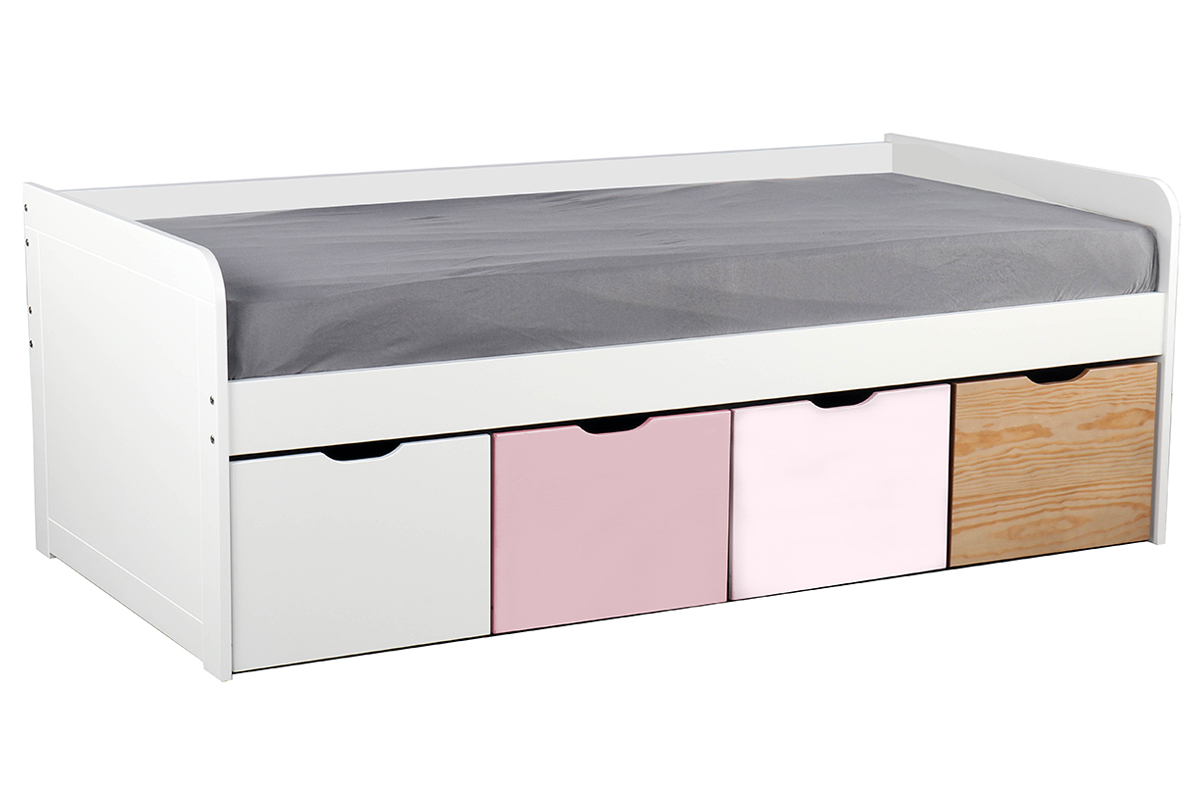 Letto bambino con 4 cassetti legno, bianco e rosa MOLENE