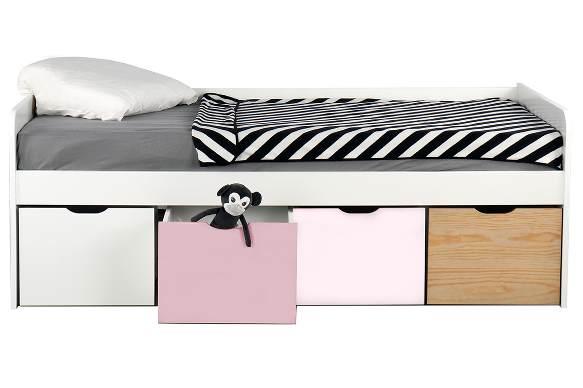 Letto bambino con 4 cassetti legno, bianco e rosa MOLENE