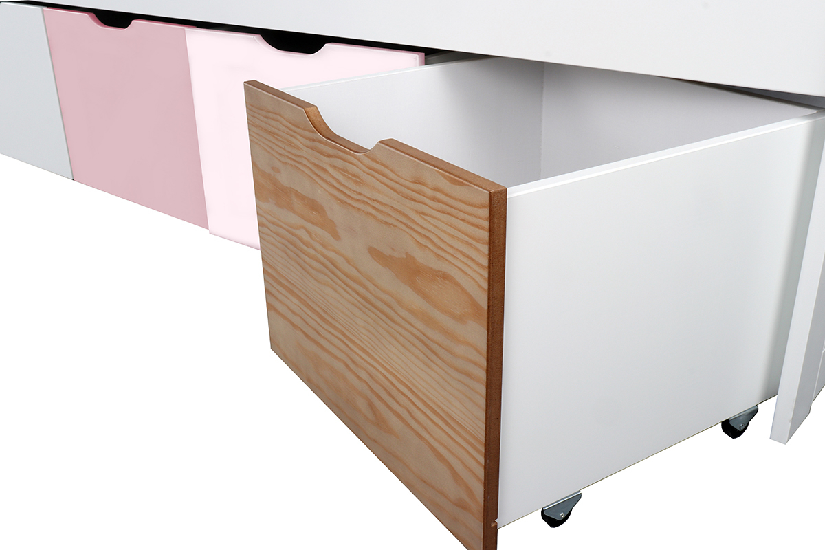 Letto bambino con 4 cassetti legno, bianco e rosa MOLENE