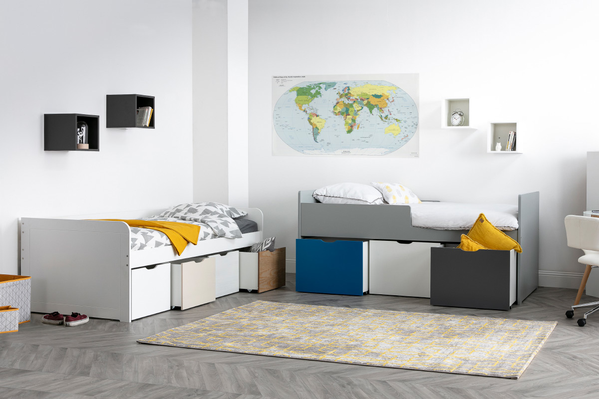 Letto bambino con 4 cassetti legno, bianco e rosa MOLENE