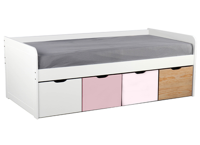 Letto bambino con 4 cassetti legno, bianco e rosa MOLENE - Letto bambino con 4 cassetti legno, bianco e rosa MOLENE