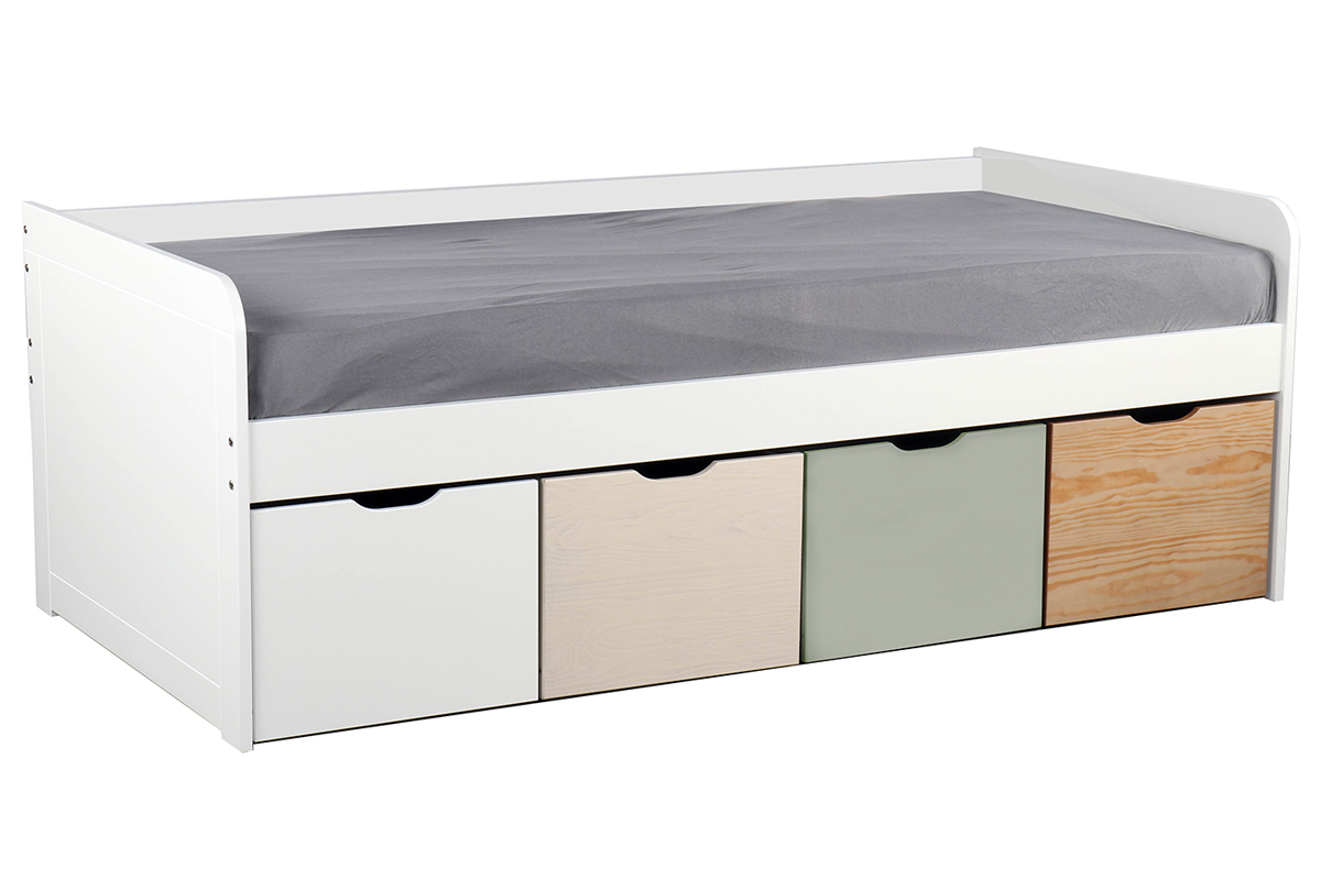 Letto bambino con 4 cassetti legno, bianco e verde  MOLENE