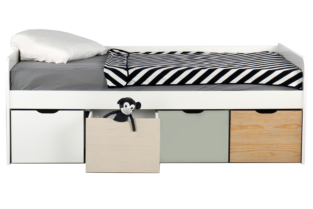 Letto bambino con 4 cassetti legno, bianco e verde  MOLENE