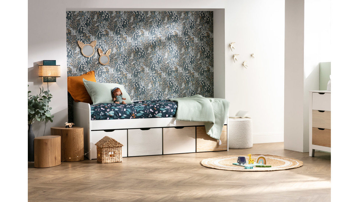 Letto bambino con 4 cassetti legno e bianco MOLENE