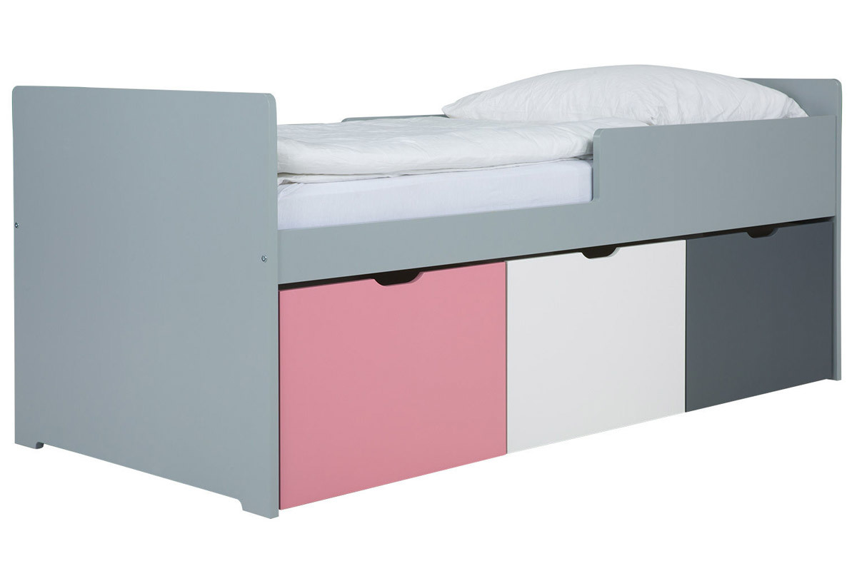 Letto bambino con cassetti 90x190 cm rosa bianco et grigio JULES