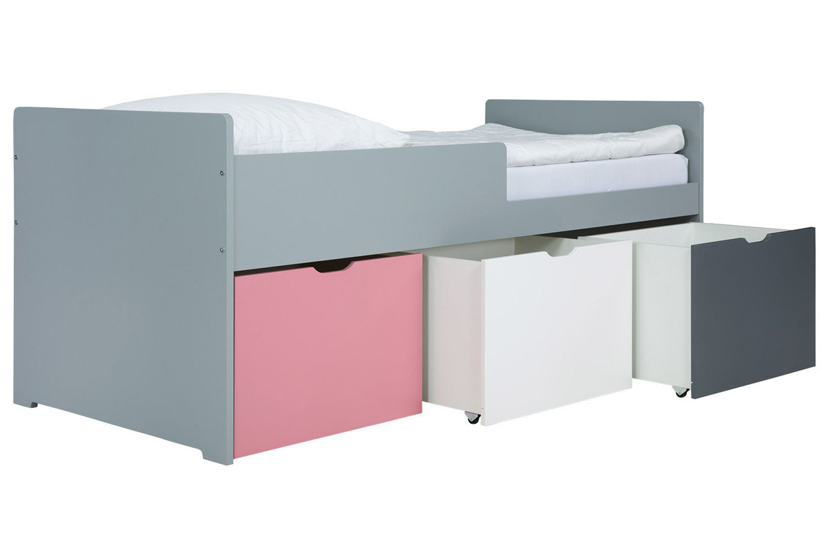 Letto bambino con cassetti 90x190 cm rosa bianco et grigio JULES