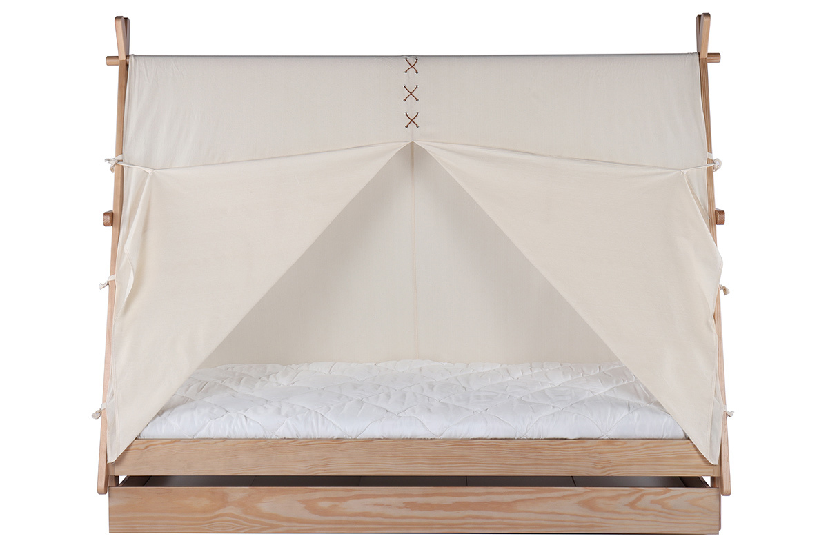 Letto bambino tenda con cassetto in legno e cotone naturale APACHE