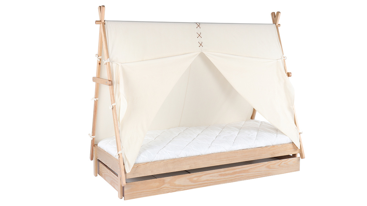 Letto bambino tenda con cassetto in legno e cotone naturale APACHE