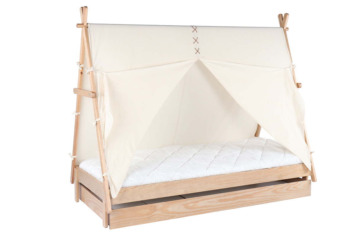 Letto bambino tenda con cassetto in legno e cotone naturale APACHE