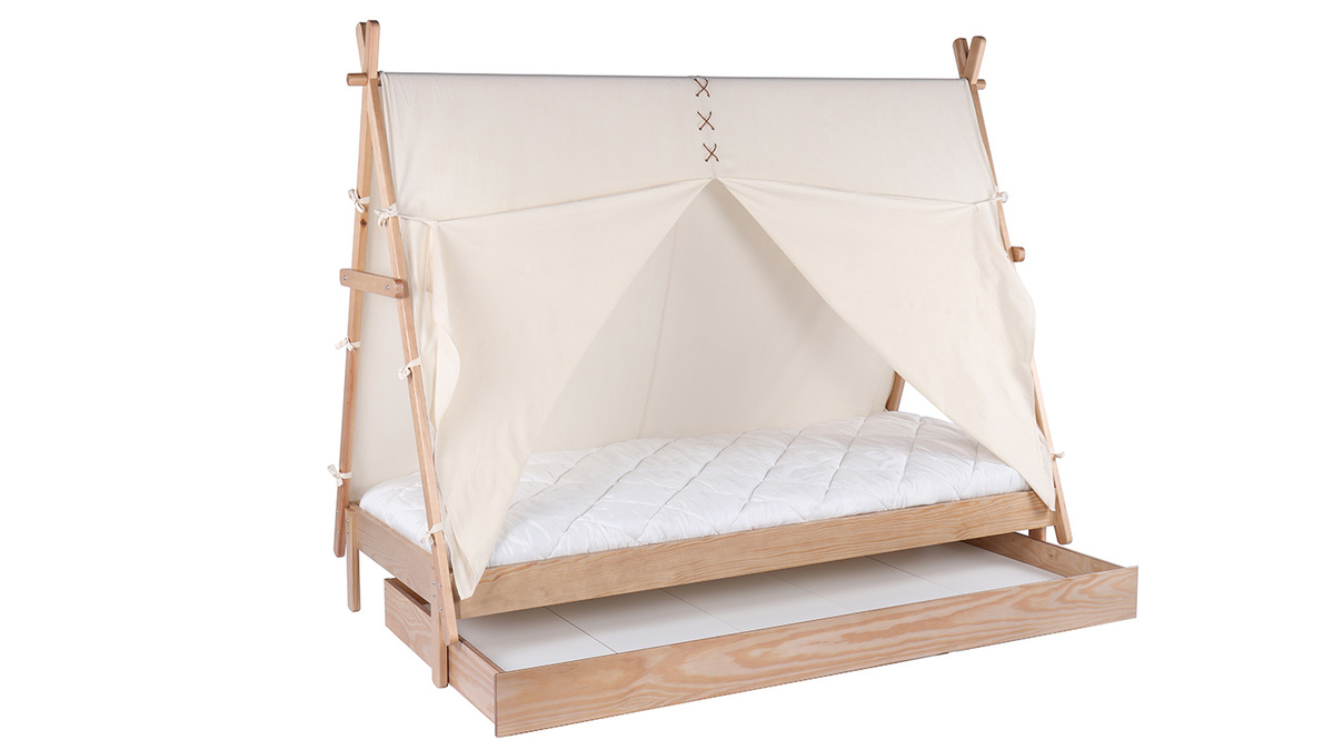 Letto bambino tenda con cassetto in legno e cotone naturale APACHE