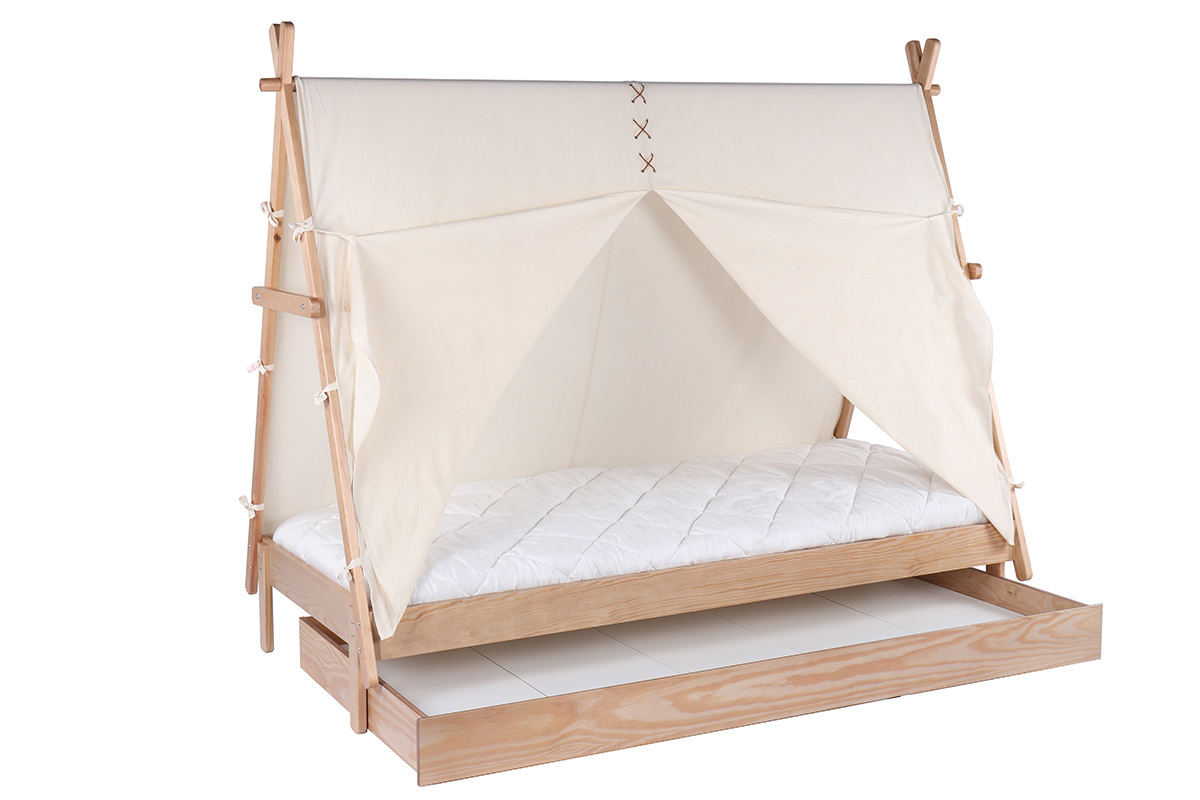 Letto bambino tenda con cassetto in legno e cotone naturale APACHE