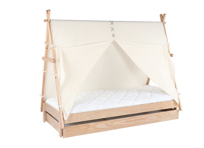 Letto bambino tenda con cassetto in legno e cotone naturale APACHE - Letto bambino tenda con cassetto in legno e cotone naturale APACHE