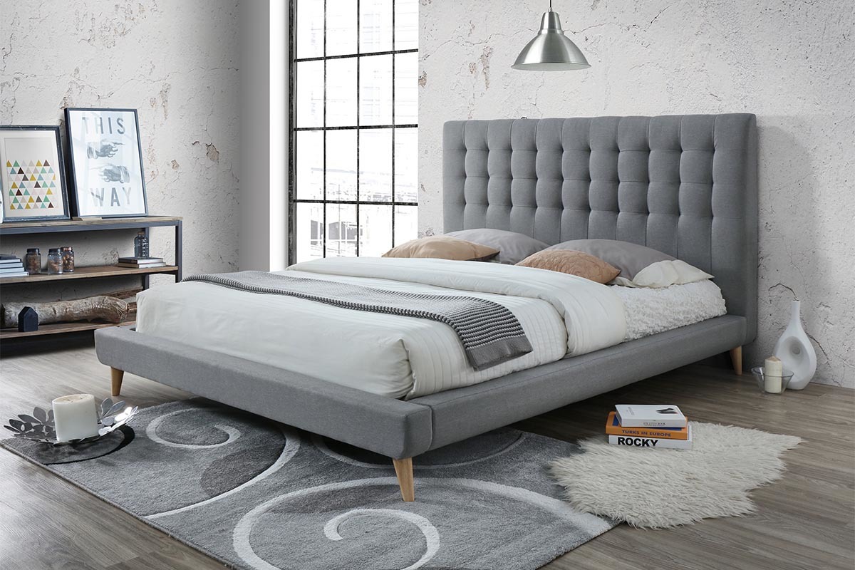 Letto con design capitonn in tessuto Grigio e legno 160x200 SOREN
