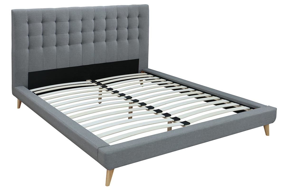 Letto con design capitonn in tessuto Grigio e legno 160x200 SOREN