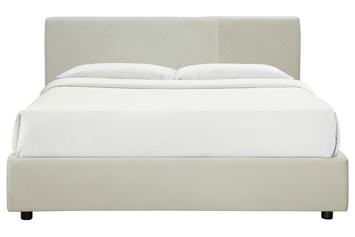 Letto contenitore con rete e testata letto con motivi in velluto beige 160 x 200 cm RIGA