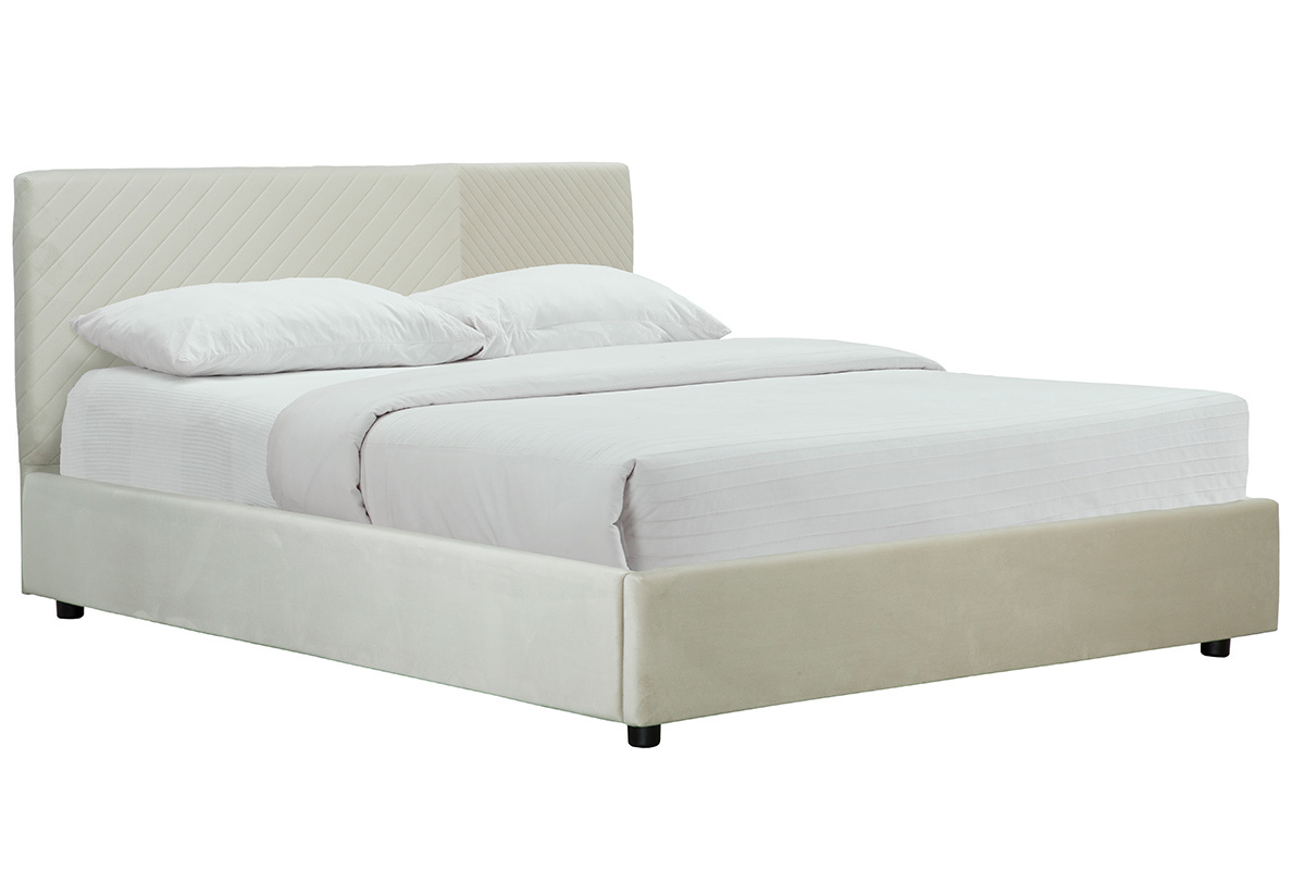 Letto contenitore con rete e testata letto con motivi in velluto beige 160 x 200 cm RIGA