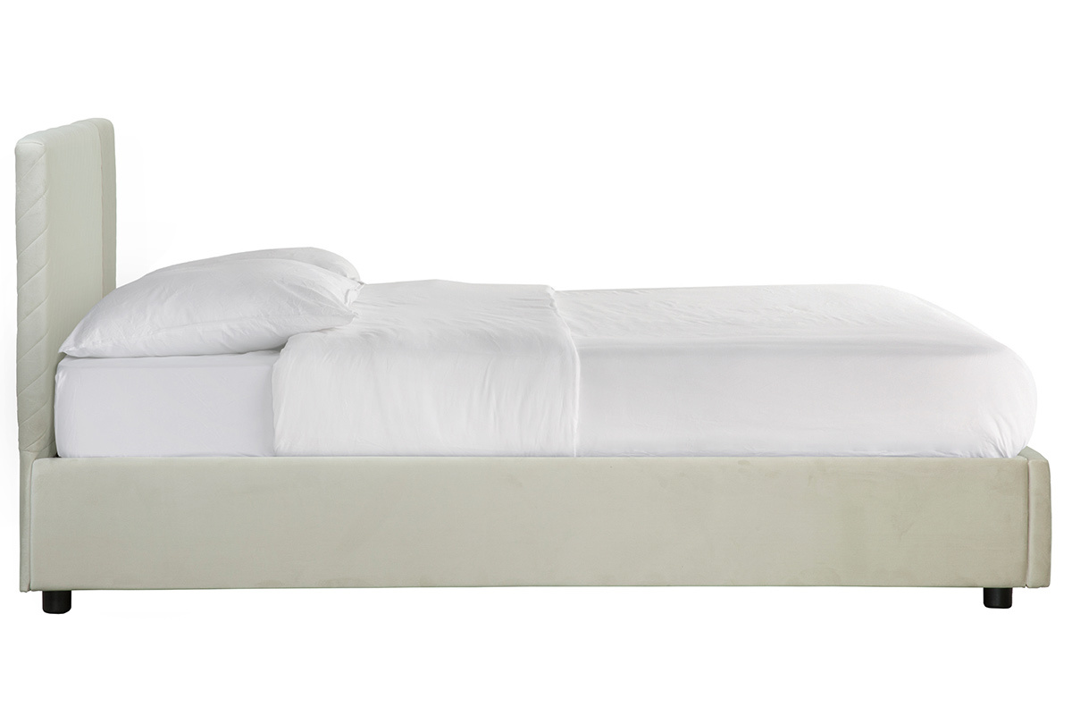 Letto contenitore con rete e testata letto con motivi in velluto beige 160 x 200 cm RIGA