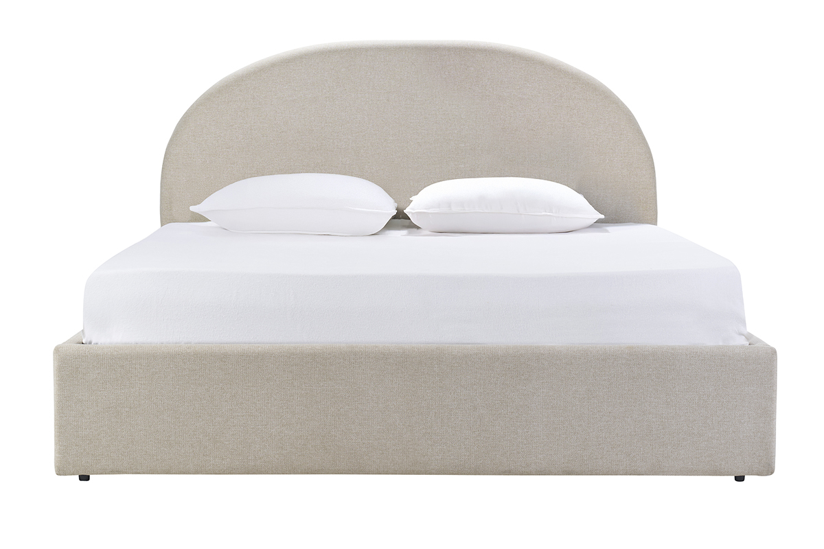 Letto contenitore 2 posti in tessuto beige, vista frontale con due cuscini.