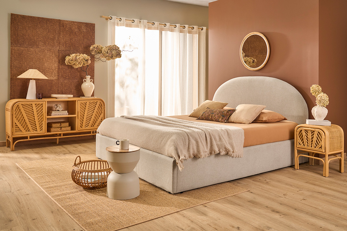 Letto contenitore matrimoniale 160x200 cm in tessuto beige OREN