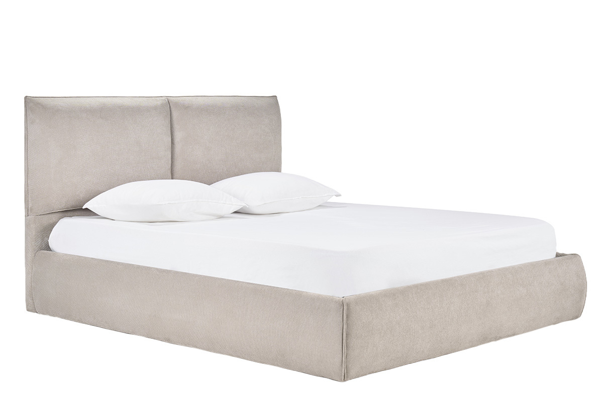 Letto contenitore matrimoniale in tessuto boucl� beige con testiera, vista da 3/4.