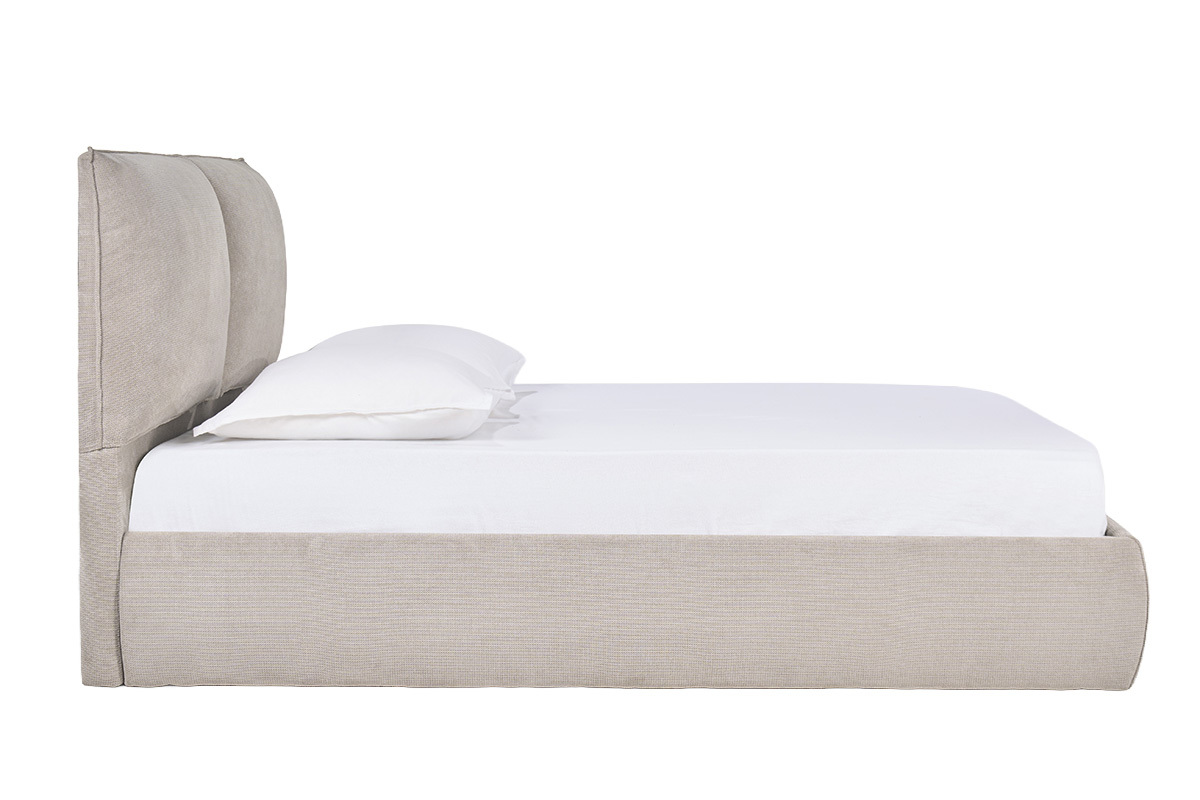 Letto contenitore beige 160x200 cm in tessuto chenille, vista laterale.