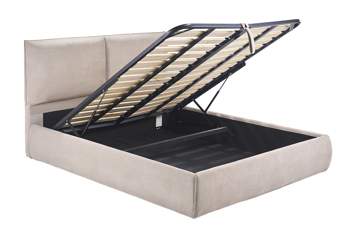 Letto contenitore 160x200 cm in tessuto ciniglia beige con rete a doghe sollevabile, vista da 3/4.
