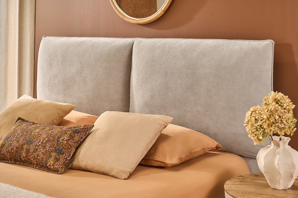 Letto contenitore matrimoniale 160x200 cm in tessuto di ciniglia beige VIGO