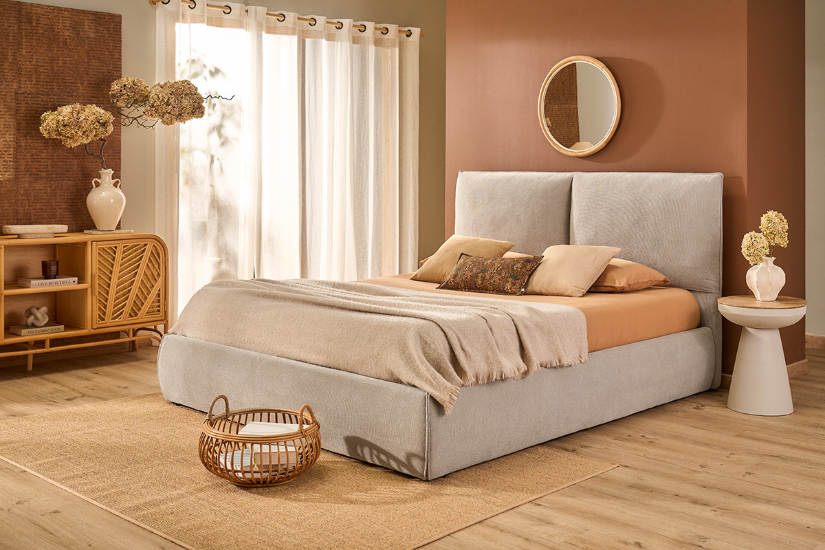 Letto contenitore matrimoniale 160x200 cm in tessuto di ciniglia beige VIGO