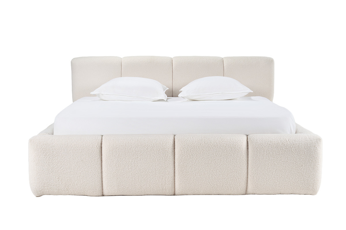 Letto contenitore matrimoniale 160x200 cm in lana boucl�, vista frontale.