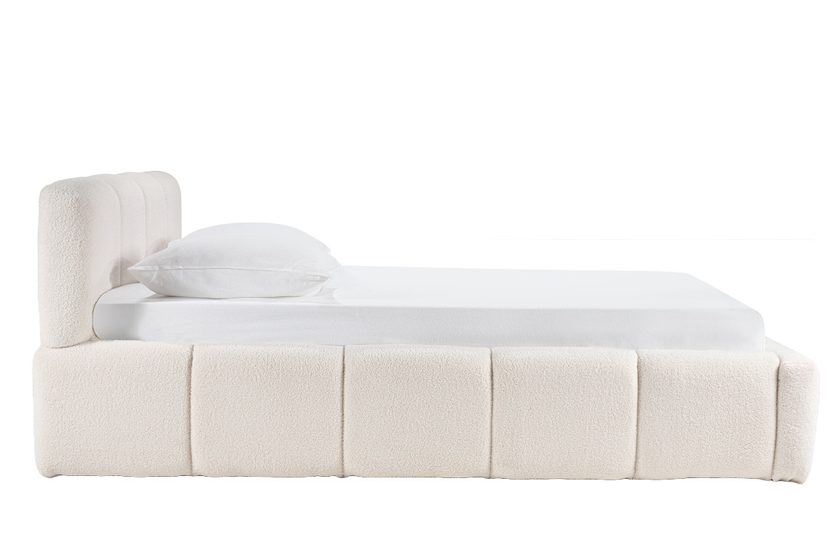 Letto contenitore in tessuto lana boucl�, vista laterale, 160x200 cm, con rete a doghe.