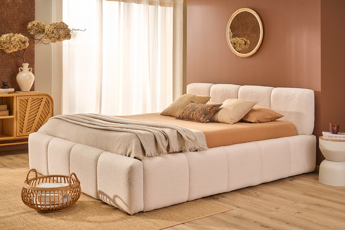 Letto contenitore matrimoniale 160x200 cm in tessuto lana ricciolata MOTTO