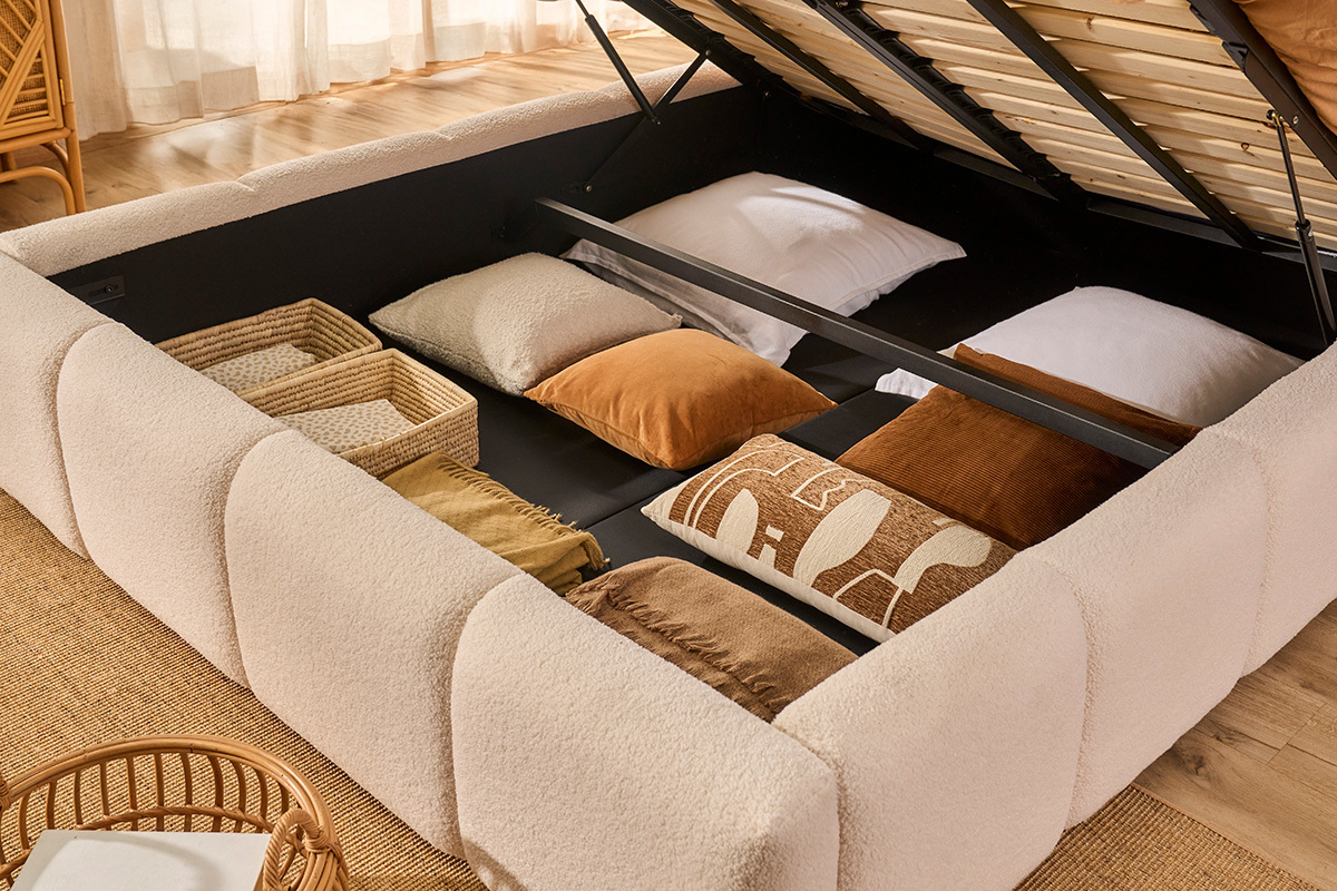 Letto contenitore matrimoniale 160x200 cm in tessuto lana ricciolata MOTTO