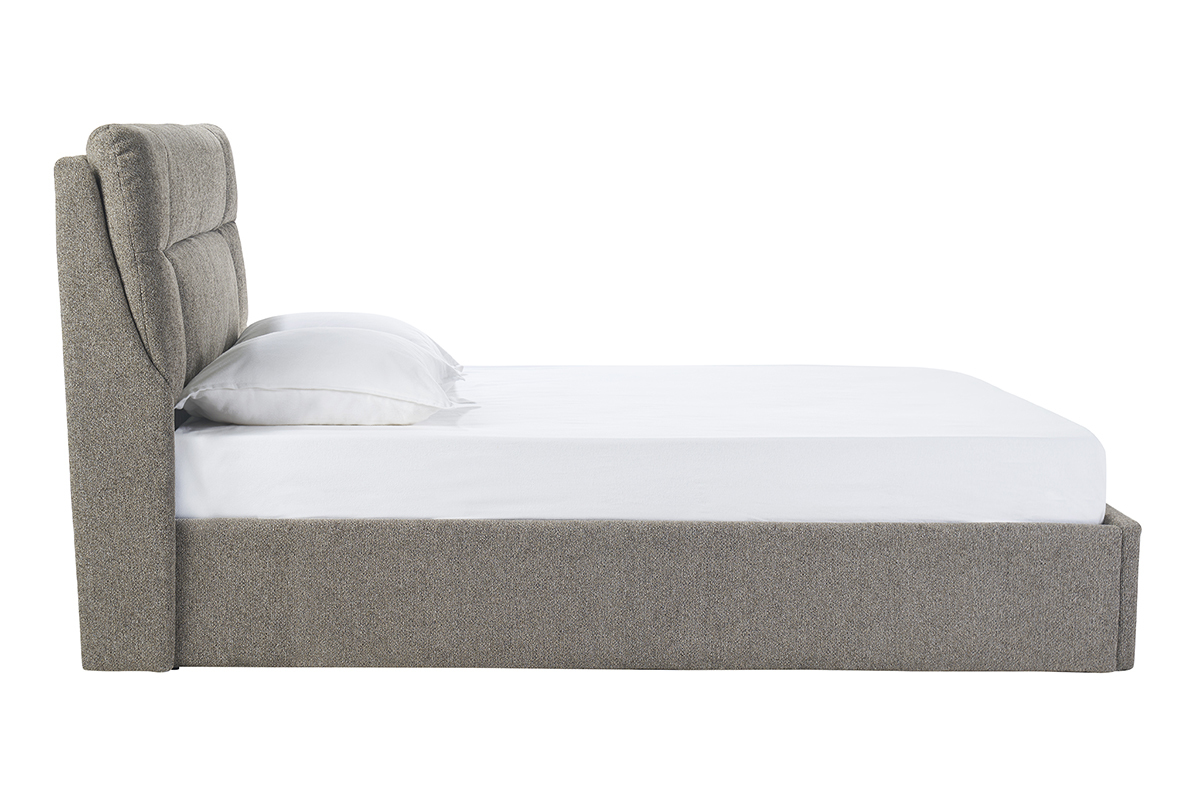 Letto contenitore matrimoniale 160x200 cm color tortora, vista laterale, con testiera imbottita e cuscino.