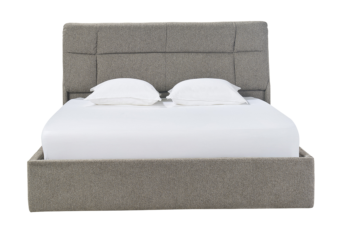 Letto contenitore matrimoniale 160x200 cm color tortora HONO con testiera imbottita, vista frontale.
