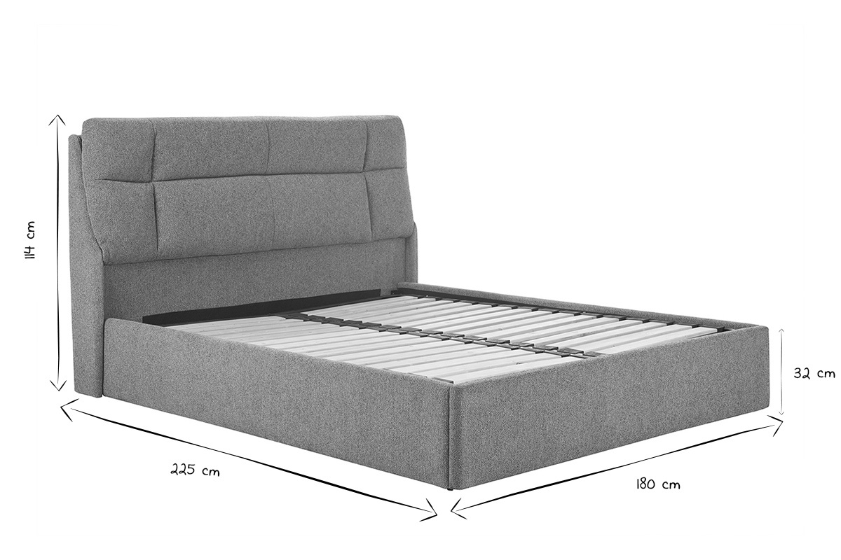 Dimensioni del letto contenitore matrimoniale 160x200 cm HONO in nero e bianco, vista da tre quarti.