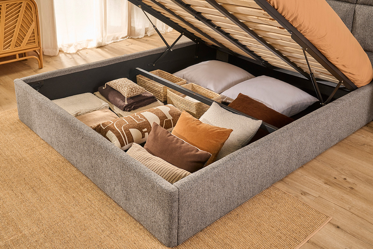 Letto contenitore matrimoniale 160x200 cm in tessuto testurizzato taupe HONO